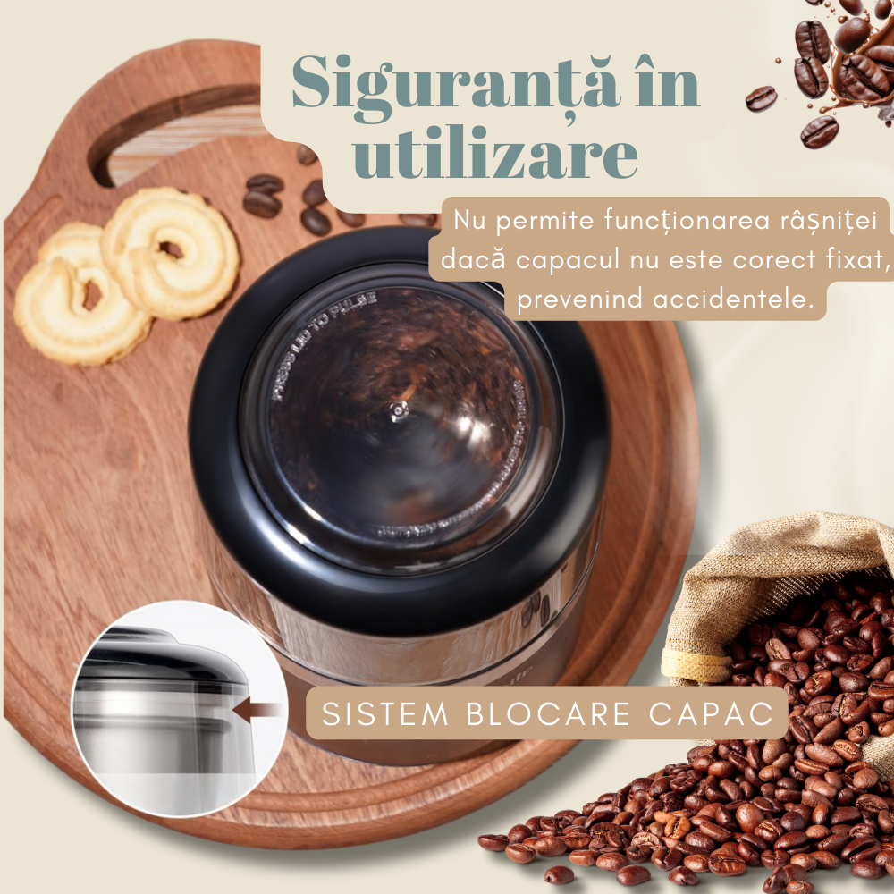 Rasnita cafea Electrica, Bol Detasabil, Protectie supraincalzire, 150 W, , Negru Argintiu