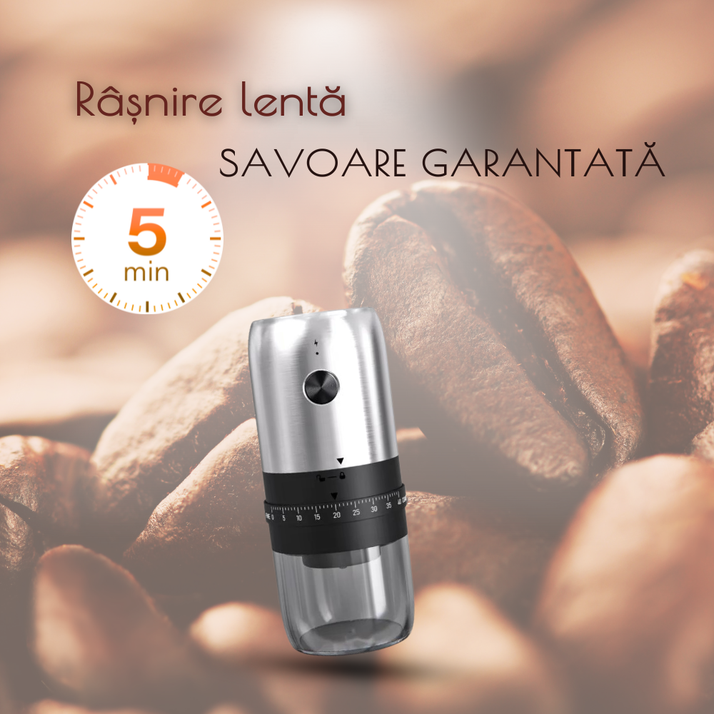 Rasnita cafea portabila, granulatie reglabila 40 setari , incarcare USB , Argintie