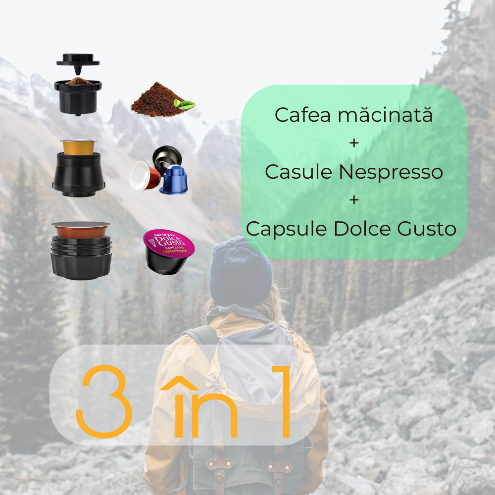 Espressor portabil 3 in 1, compatibil capsule Nespresso, Dolce Gusto + Cafea macinata, Functie incalzire apa, Negru