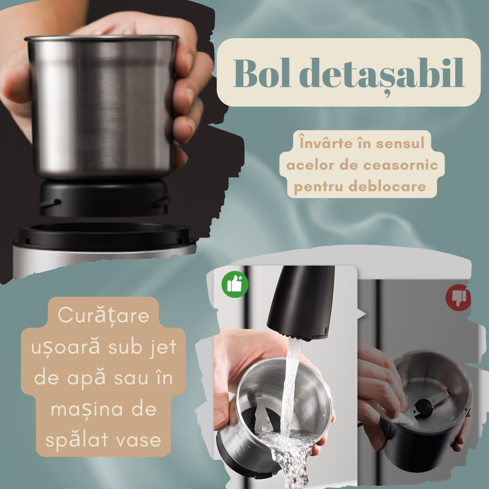 Rasnita cafea Electrica, Bol Detasabil, Protectie supraincalzire, 150 W, , Negru Argintiu