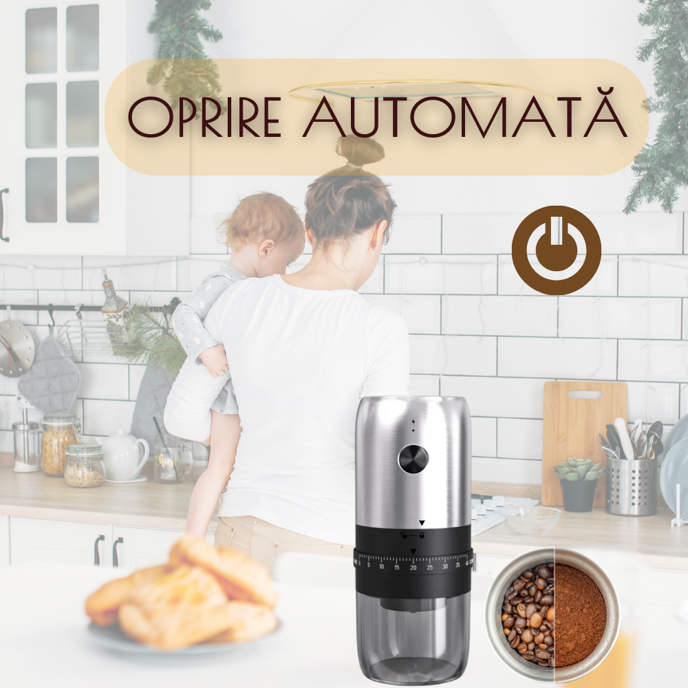 Rasnita cafea portabila, granulatie reglabila 40 setari , incarcare USB , Argintie