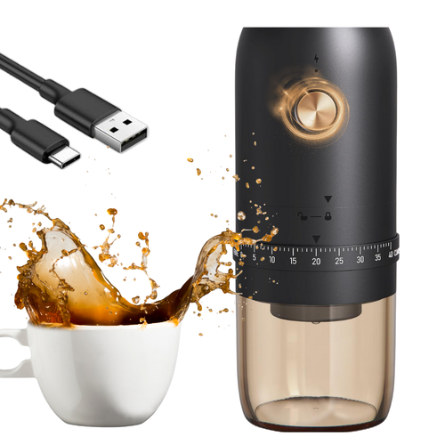 Râșniță Cafea Portabilă CYUCHELLY®, 40 Setări de Măcinare și Discuri Conice din oțel inoxidabil, USB-C, Pentru Espresso și Filtru, Negru